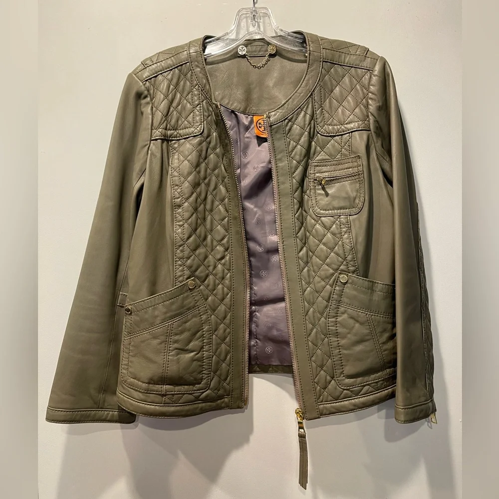 Tory Burch XL Leather Jacket Quilted Taupe/Gray Moto Style EUC - Picture 5 of 12